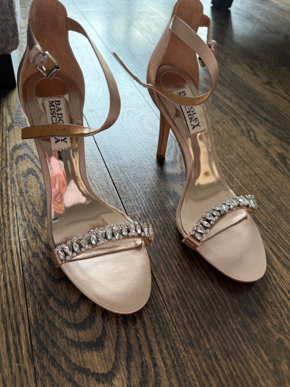 Badgley Mischka Rose Pink Crystal Strap Satin Heels